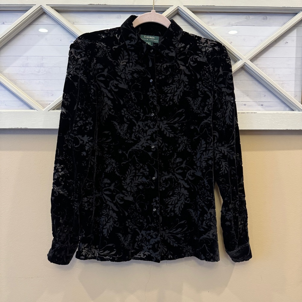 Ralph Lauren BLACK‎ Sz Small S AMAZING Velvet Devore Silk Shirt Jacket Tunic Top